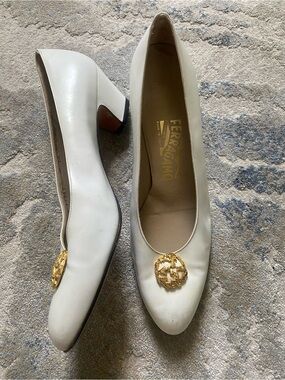 Salvatore Ferragamo White Leather Mid Block Heel Pumps with Gold Medallion